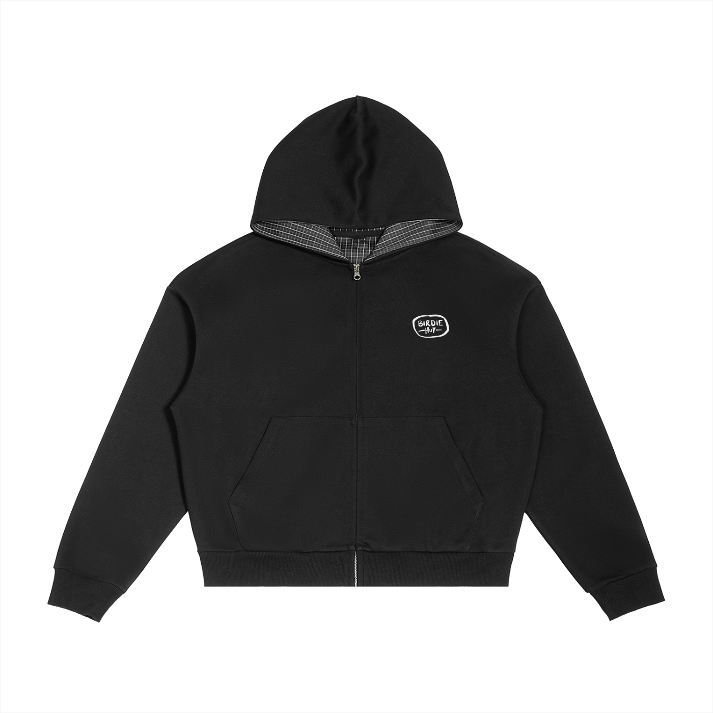 Plaid Zip-Up Hoodie Black