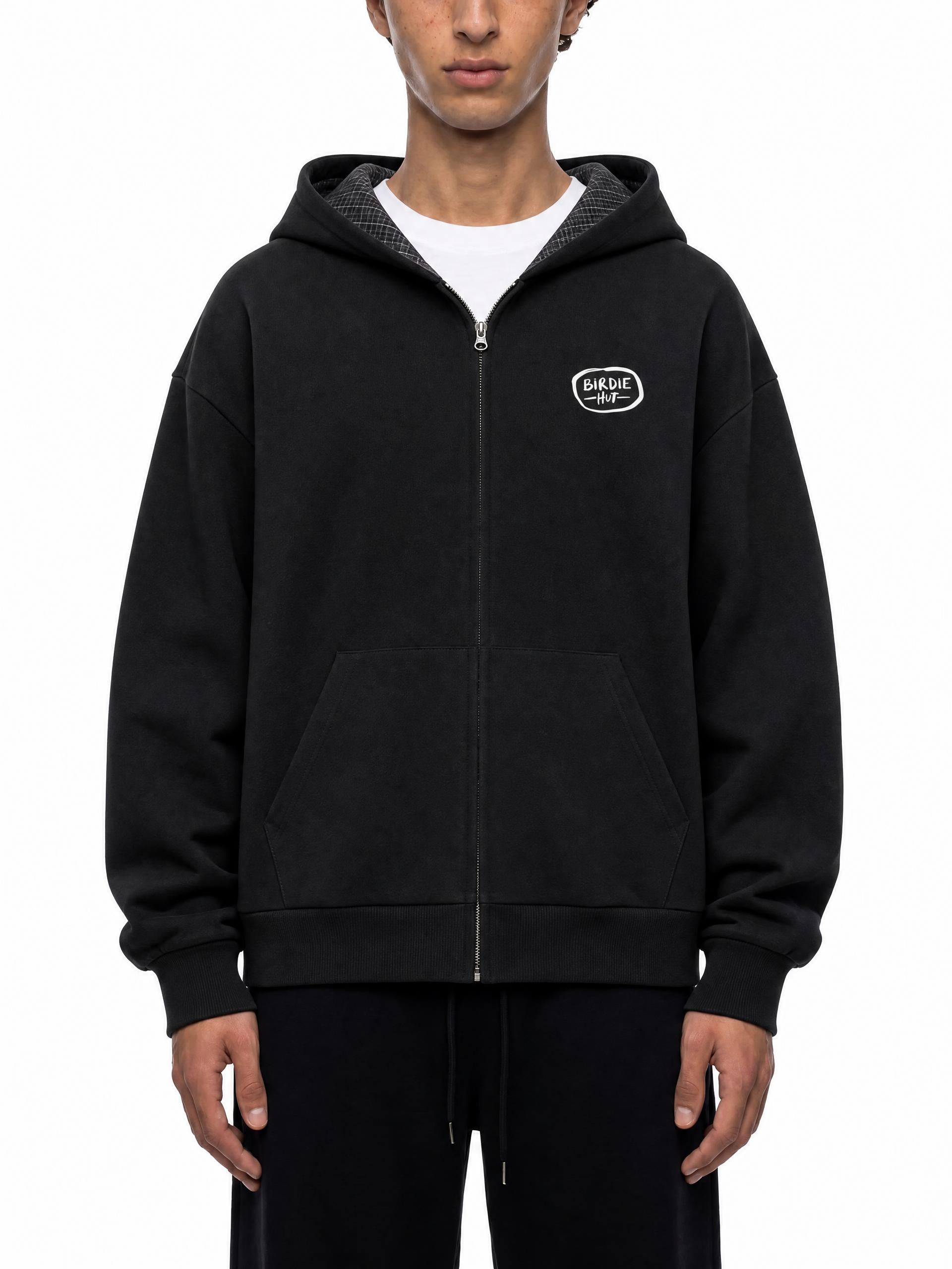 Plaid Zip-Up Hoodie Black