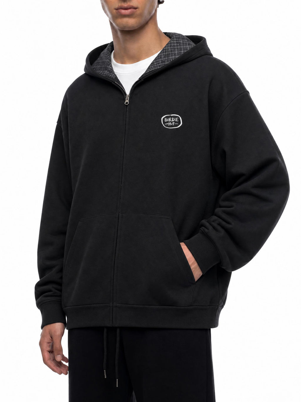 Plaid Zip-Up Hoodie Black
