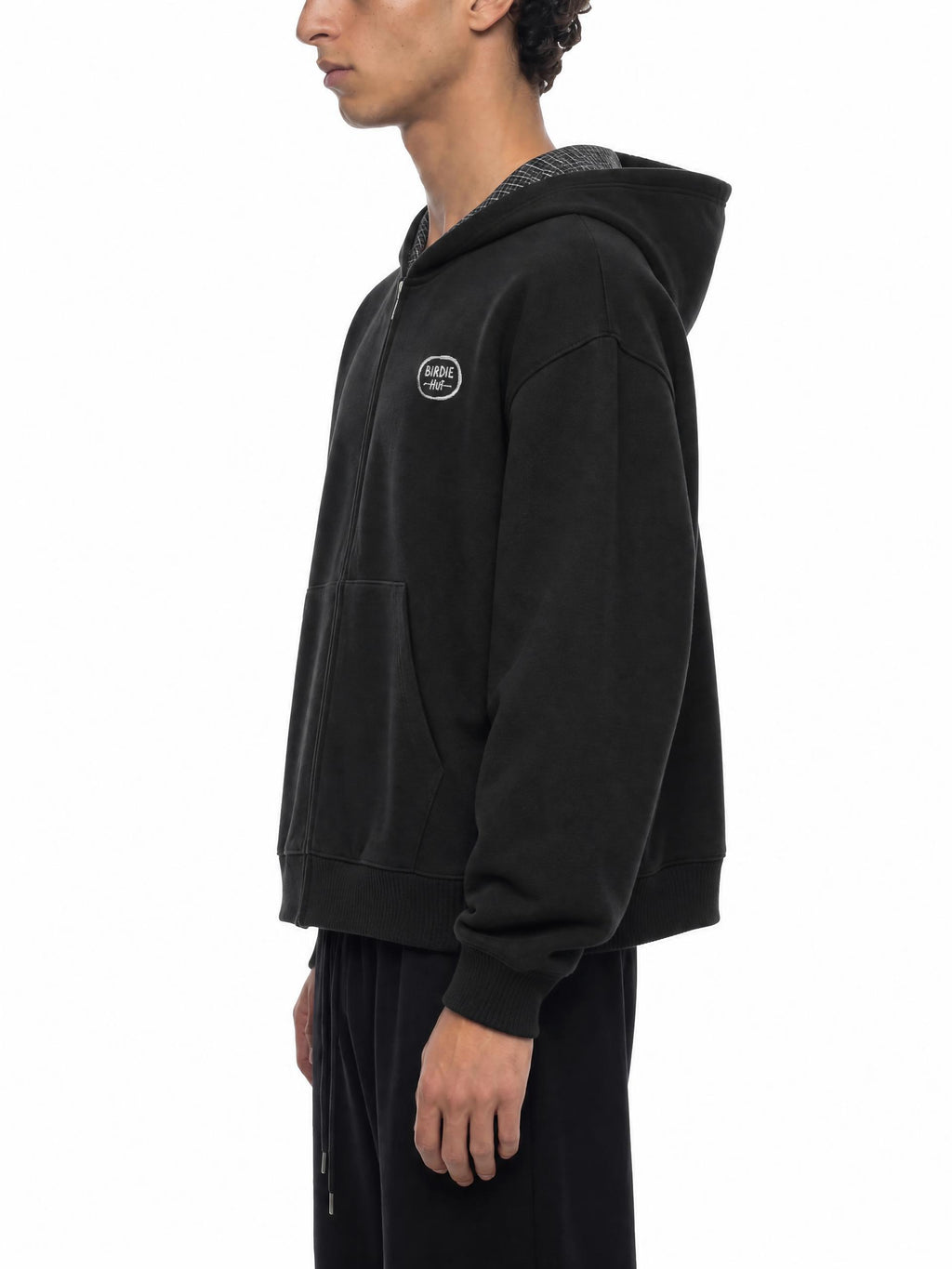 Plaid Zip-Up Hoodie Black