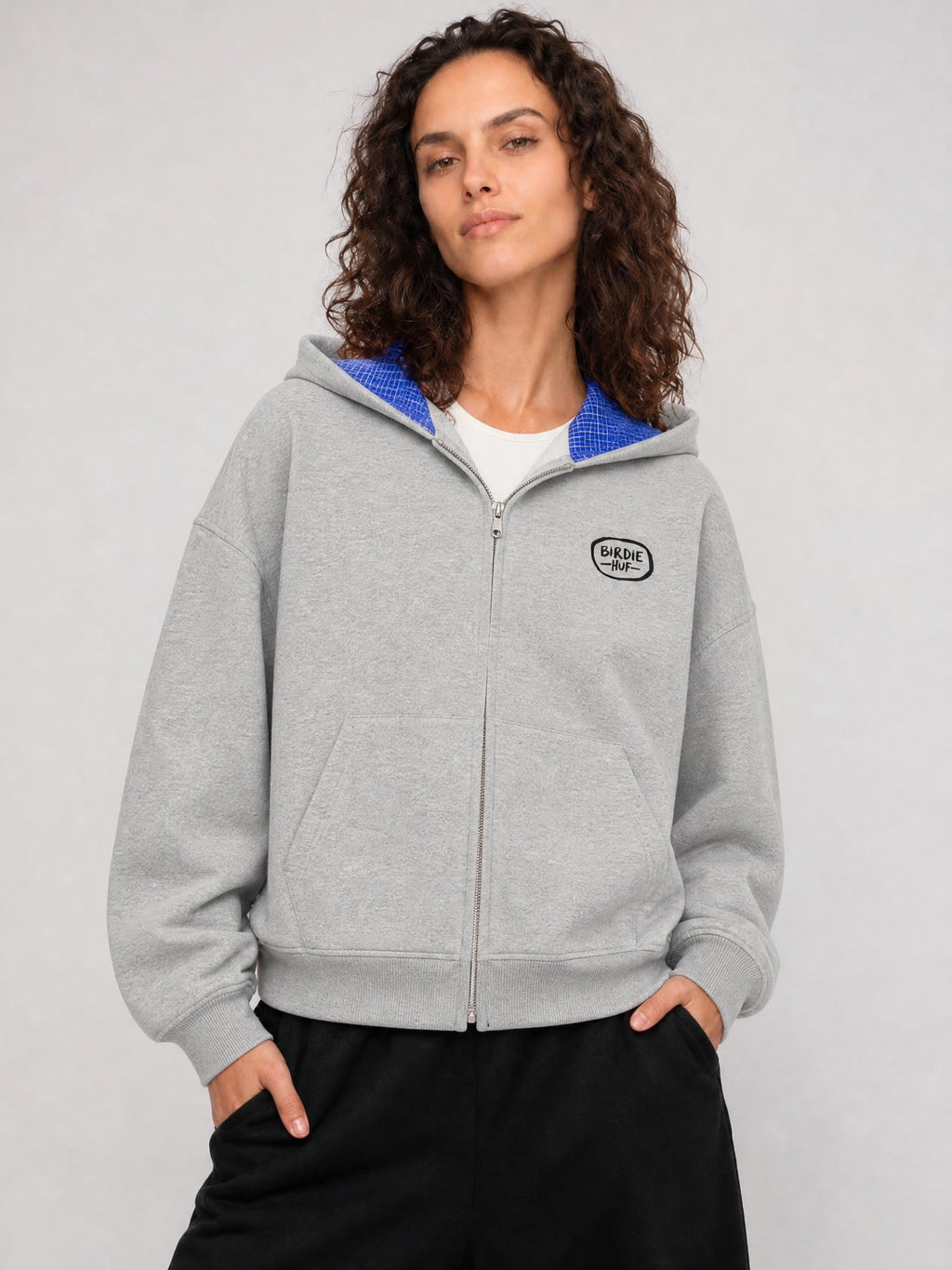 Plaid Zip-Up Hoodie Grey