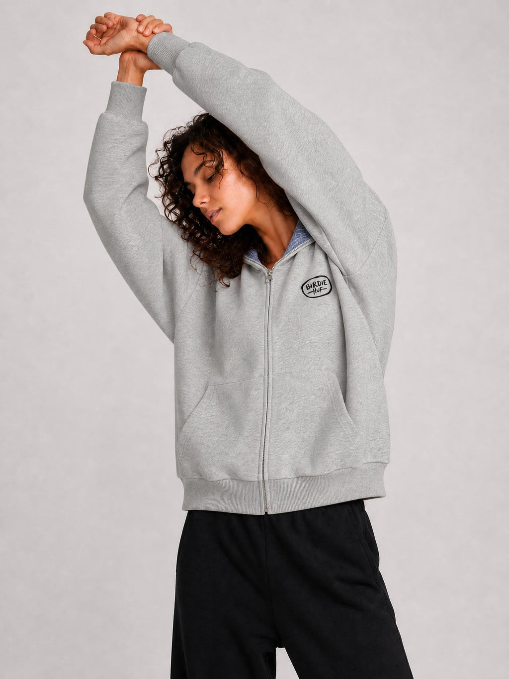 Plaid Zip-Up Hoodie Grey